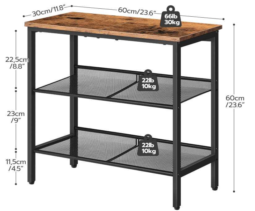 Table, 3-Tier Narrow Side Table with Charging Station, Nightstand with 2 Flat or Slant Adjustable Shelves for Small Spaces, Living Room, Bedroom